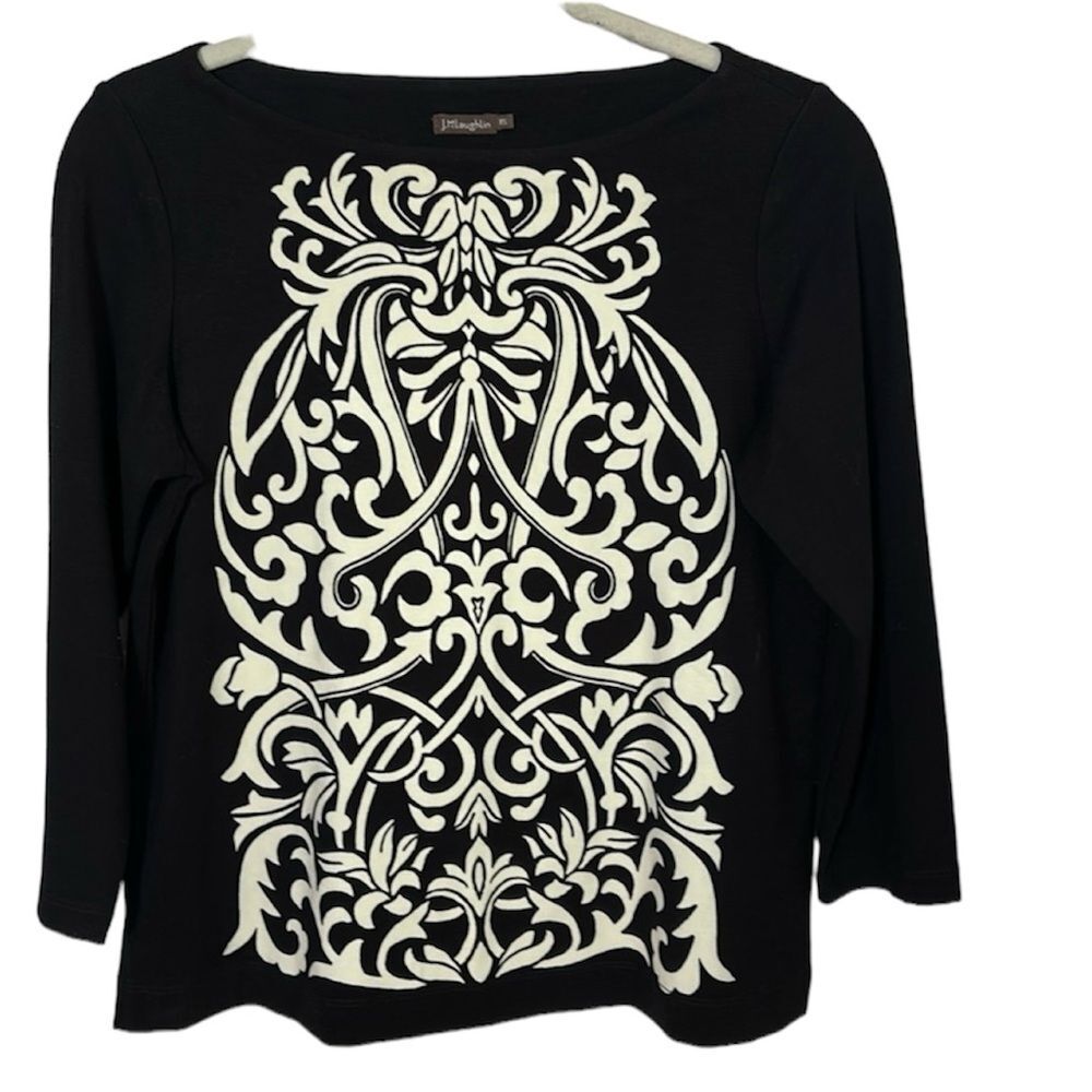 J.McLaughlin Black White long sleeve with white abstract scroll print sz XS